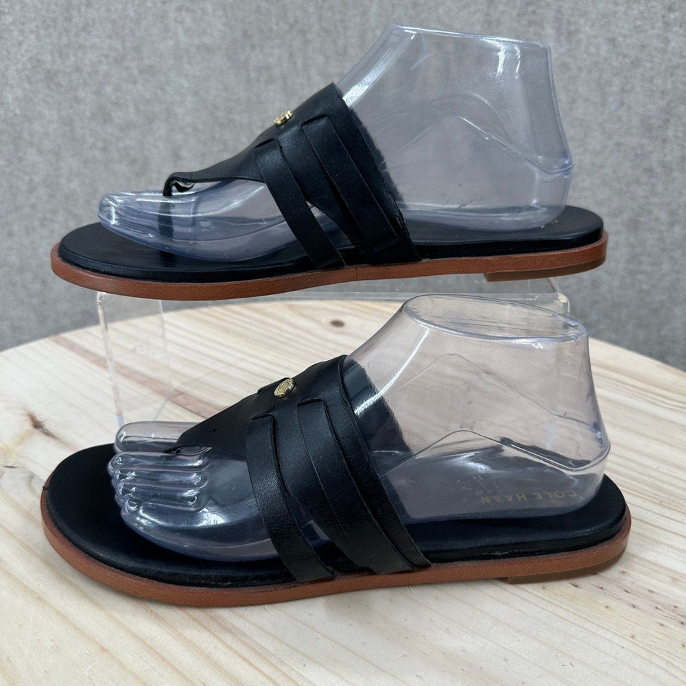 Cole Haan Farrow Slide Sandals Womens 8.5 Black Leather T-Strap Flat W19486